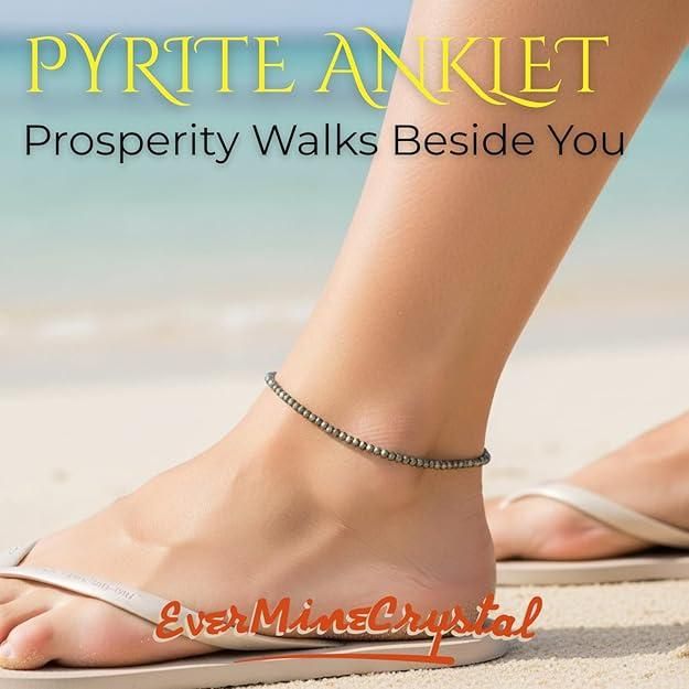EverMine Crystal Raw Pyrite Anklet Stone of Money, Protection & Power Pyrite Anklet for Women